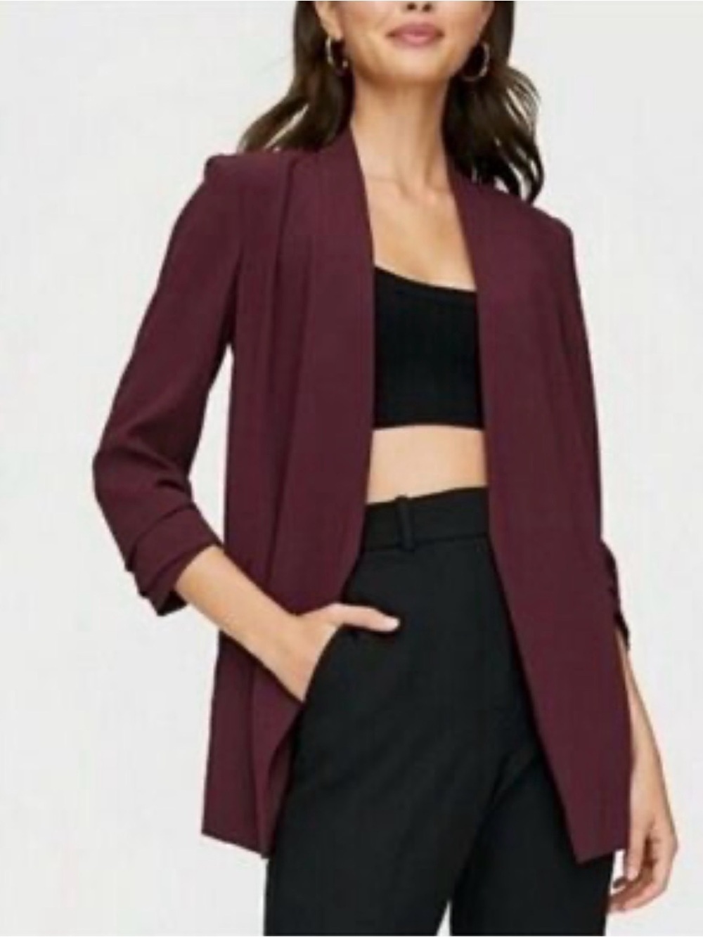 Aritzia Babaton Power Hip Blazer Size 2 Burgundy Crepe Open Front Jacket Office